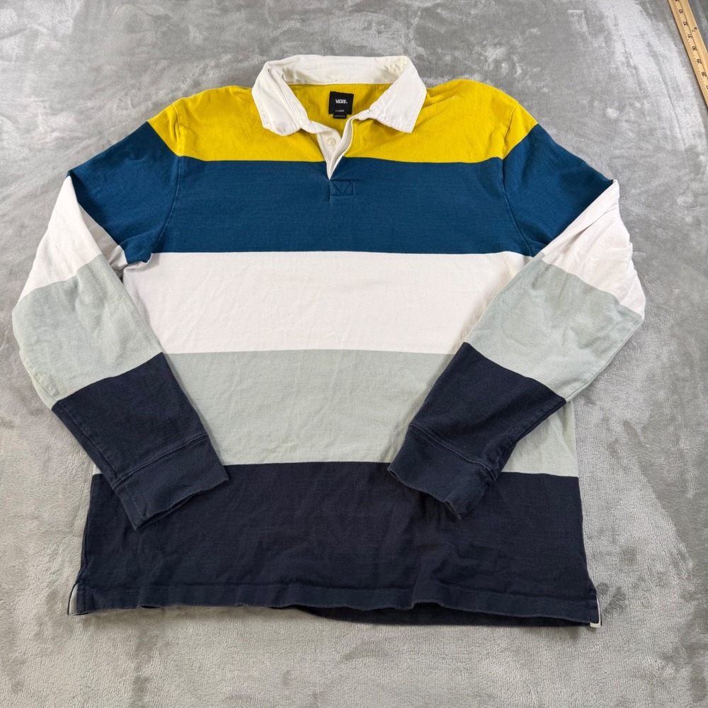 Vans Mens XL Long Sleeve Rugby Polo Shirt Striped Cotton Colorblock Yellow Blue